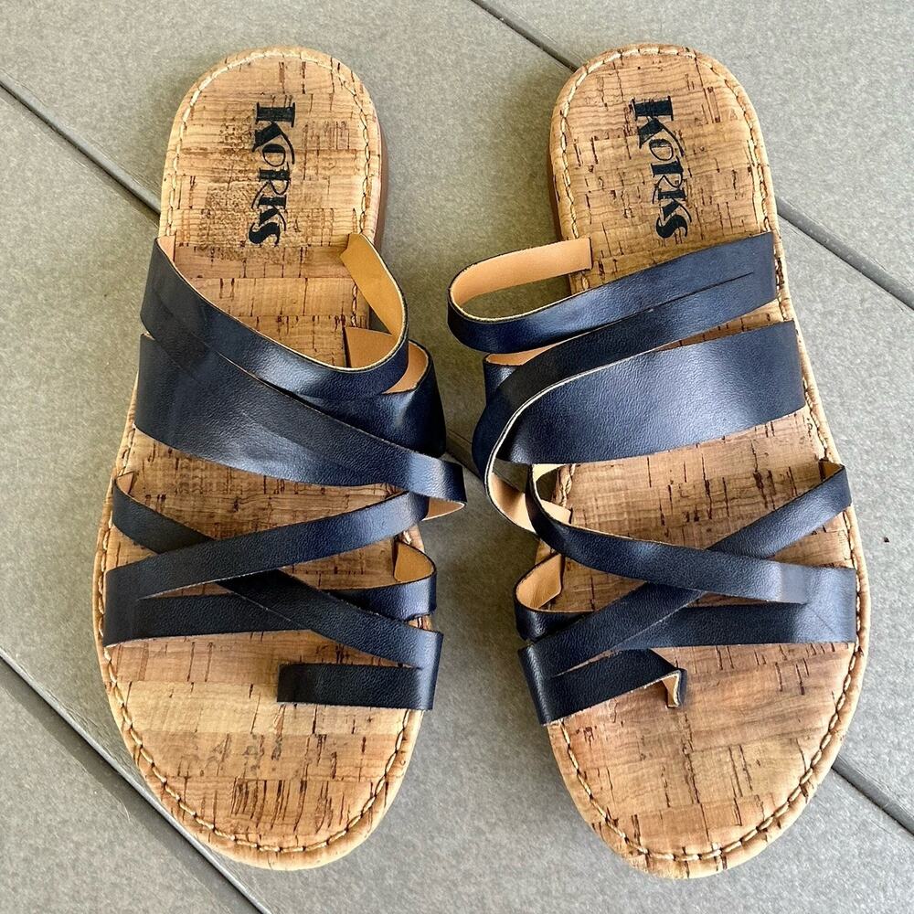 Korks Clemons Strappy Sandal with Toe Loop Navy Blue Size 8M EUC